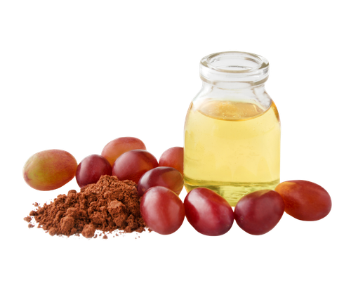 A small clear glass bottle filled with pale yellow liquid, surrounded by red-purple grapes and a small pile of brown powder on a white background.