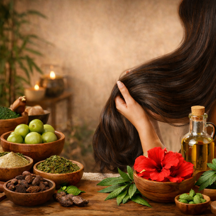 Herbal hair care ritual illustration