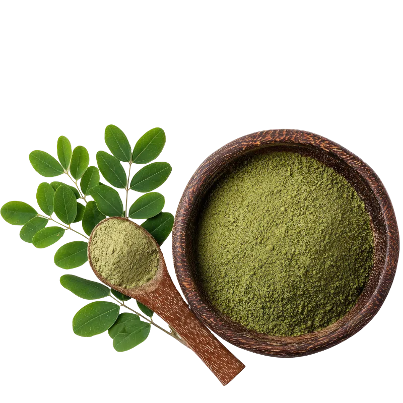 Moringa powder in wooden bowl with fresh moringa leaves