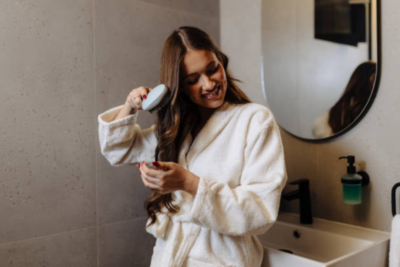 A woman with long brown hair wearing a white bathrobe brushes her hair in a modern bathroom with gray stone tiles, a white sink, and a round wall mirror.